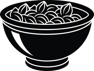 Black and white bowl filled with leafy greens silhouette, healthy food vector illustration