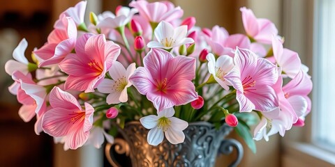 Delicate pink & white blooms in ornate vase, fresh & vibrant, texture, tulip