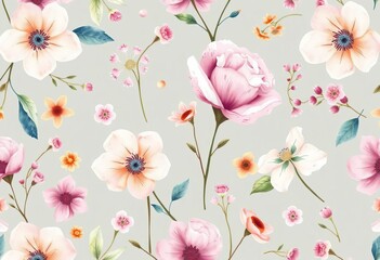 Delicate watercolor floral botanical seamless pattern; perfect for fabric, paper, & scrapbooking, summer, high-resolution