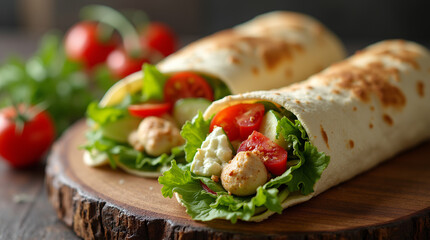 Vegetarian Wraps With Feta Cheese, Fresh Vegetables And Greens On Board