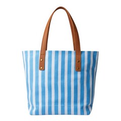 Striped tote bag with leather straps on white background