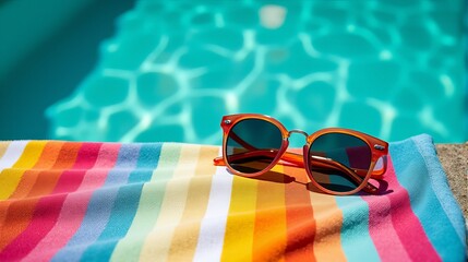 Vacation Vibes Iconic Sunglasses and a Rainbow Striped Towel by the Clear Swimming Pool