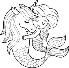 Cute Coloring Page of a Mermaid Hugging a Unicorn