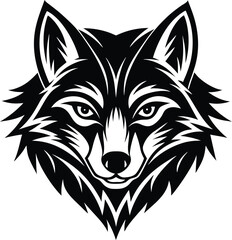 Black and white wolf head illustration, tribal style, fierce animal face vector design