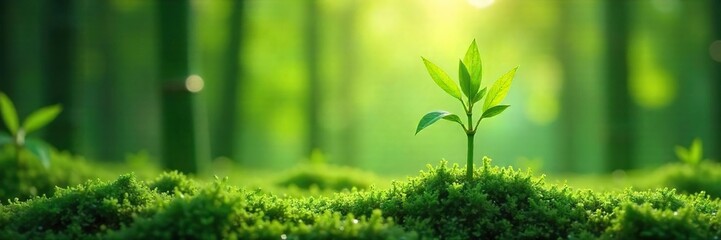 Fototapeta premium A single, elegant stalk of bamboo rising from a bed of dewy green moss, sunlight filtering through leaves creating a sense of ethereal coolness , delicate, background, woods