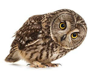 Young owl isolated on white background looking at the camera