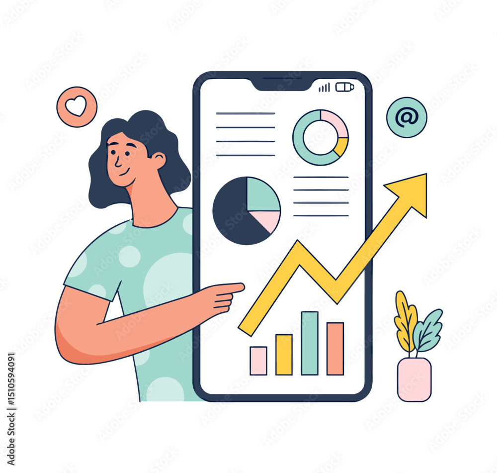 Aufkleber woman showing data analytics on mobile phone chart graph business analysis growth diagram strategy r