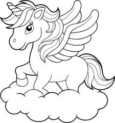 Cute winged unicorn coloring page on a cloud.