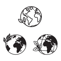 Eco Earth Globe Icon Set – Sustainable Planet Symbols with Leaves for Environmental & Nature Concepts