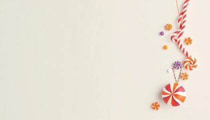 Whimsical Candy Arrangement with Striped Elements on a Soft Neutral Backdrop