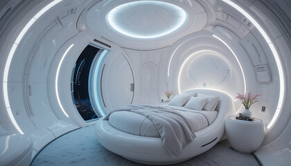 "A futuristic pod bedroom with curved white fiberglass walls, a memory-foam cocoon bed, and holographic mood lighting. The door slides open like a spaceship hatch.