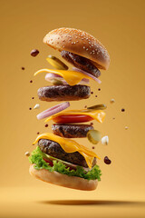 Delicious burger with ingredients floating on the mid air isolated on light background