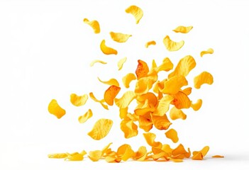 Mid-air cascade of crispy potato chips, isolated on white,  isolated,  crispy