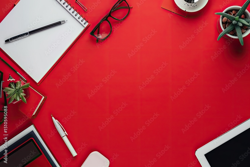 Poster detailed picture of arrangement of desk elements with empty notebook on yellow background