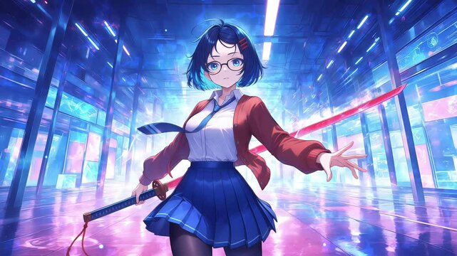 Anime girl with glasses and a katana in her hand, anime wallpaper for pc