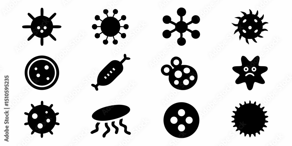 Poster microbial colony icon design featuring bacteria and viruses in cmyk color scheme