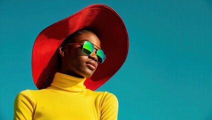 Confident young african female in red hat and yellow top with stylish sunglasses against blue sky National Sunglasses Day