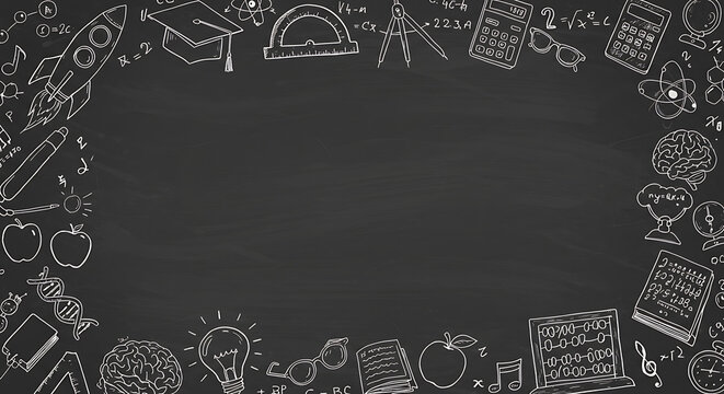 Science and Education Doodles Border on Chalkboard Background