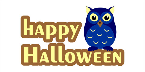 Yellow and brown Halloween text with cute blue owl on white background. Text for Halloween celebration.