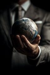 A professional businessman in suite holding a mini earth globe in his hands, Business responsible environmental, social and governance protect the world
