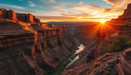 Panoramic vista of the grand canyon at radiant sunset over Arizona river