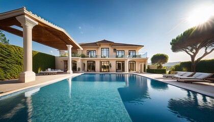luxury villa with swimming pool a grand estate featuring a stunning swimming pool elegant architecture and picturesque landscaping