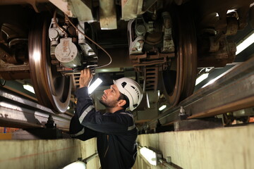 Electric train technician engineer checking controls system for security functions in maintenance...