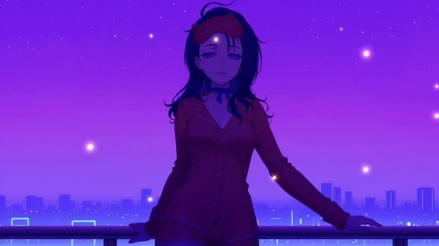 Cute and sleepy anime girl against the background of the night, anime wallpaper