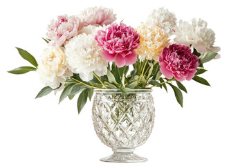 Elegant Bouquet of Colorful Peony Flowers in a Crystal Vase Showing Pink White Cream and Foliage Flat Lay on White Background for Floral Arrangement Decor
