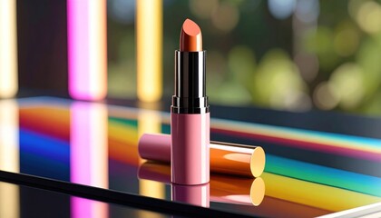 Elevated view of pink lipstick tube with cap on rainbow reflective surface