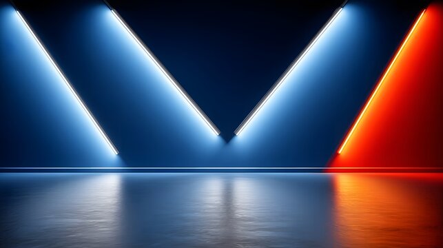 An illuminated studio features vibrant blue and red neon lights creating a modern aesthetic in a spacious and reflective setting ideal for various projects.