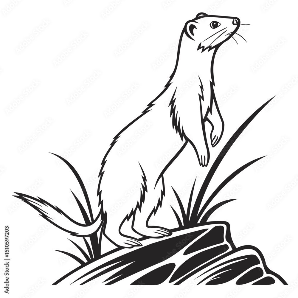 Poster a black and white drawing of a weasel standing on a rock with grass around it on transparent backgro