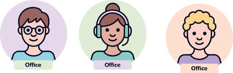 Office team avatars in flat style, diverse cartoon business characters, workplace profile icons, communication headset, employee illustrations for corporate identity and design projects