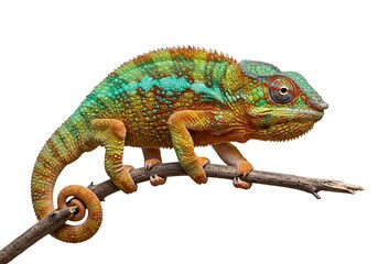Obraz premium Panther chameleon isolated on white background perched on a branch