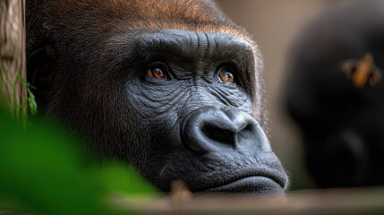 Obraz premium Close up of thoughtful gorilla looking away surrounded by foliage and natural blurred background