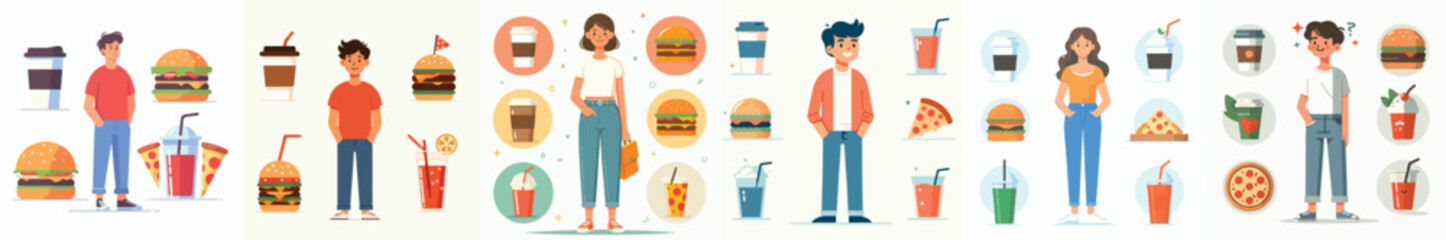 Cartoon Characters with Fast Food and Beverage Icons – Burger, Pizza, and Drinks