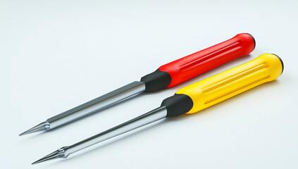 Fototapeta premium Illustrations of two screwdrivers, one red and the other yellow with a black handle, on a white background