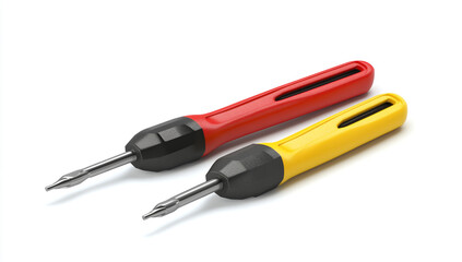 Illustrations of two screwdrivers, one red and the other yellow with a black handle, on a white background