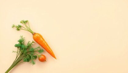 Vibrant carrot and fresh herbs composition on cream background, balanced scene