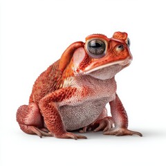 Naklejka premium A red toad with large eyes sits on a white background, showcasing its textured skin and unique amphibian features.