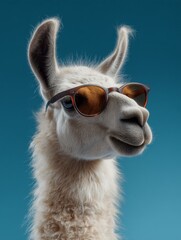 Obraz premium A llama wearing sunglasses and goggles, standing against a vibrant blue sky background. The whimsical pet accessories add a touch of fashionable flair to this playful image.