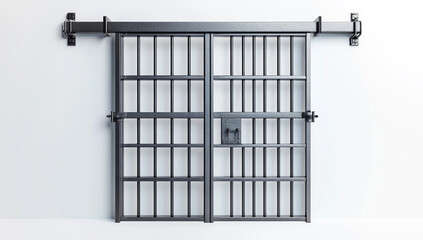 Prison gate, prison bars, and door isolated on a white background, in a flat lay, top view, stock photography, detailed, and hyper