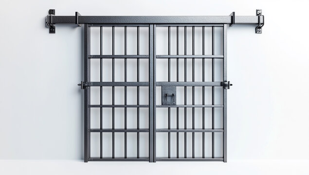 Prison gate, prison bars, and door isolated on a white background, in a flat lay, top view, stock photography, detailed, and hyper