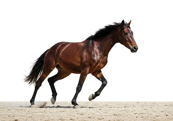Brown horse galloping isolated on white background in a sandy area