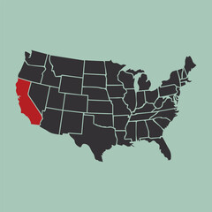 Modern vector map of the United States highlighting the state of California in red. Perfect for infographics, educational materials, presentations, and political or demographic visualizations.