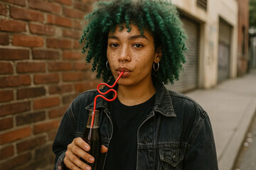 Young woman sipping drink through twisty straw against brick wall  