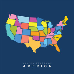 Obraz premium Vibrant and colorful vector map of the United States with each state in a different color. 