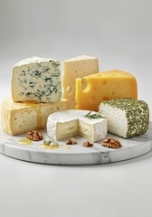 Assorted Gourmet Cheese Platter with Walnuts, and Honey on Marble Board Elegant Artisan Cheese Selection 