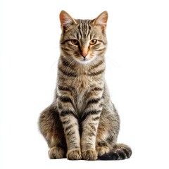 Obraz premium A tabby cat sits upright against a white background, looking directly at the camera with a calm and attentive expression.