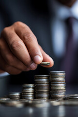 Close up hand of a businessman is stacking coins, Symbolizing finance, investment and economic growth, money growth. Saving money concept
